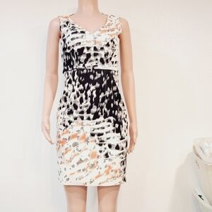 Tahari Cream and Black Sheath Abstract Art Design Dress Size 2